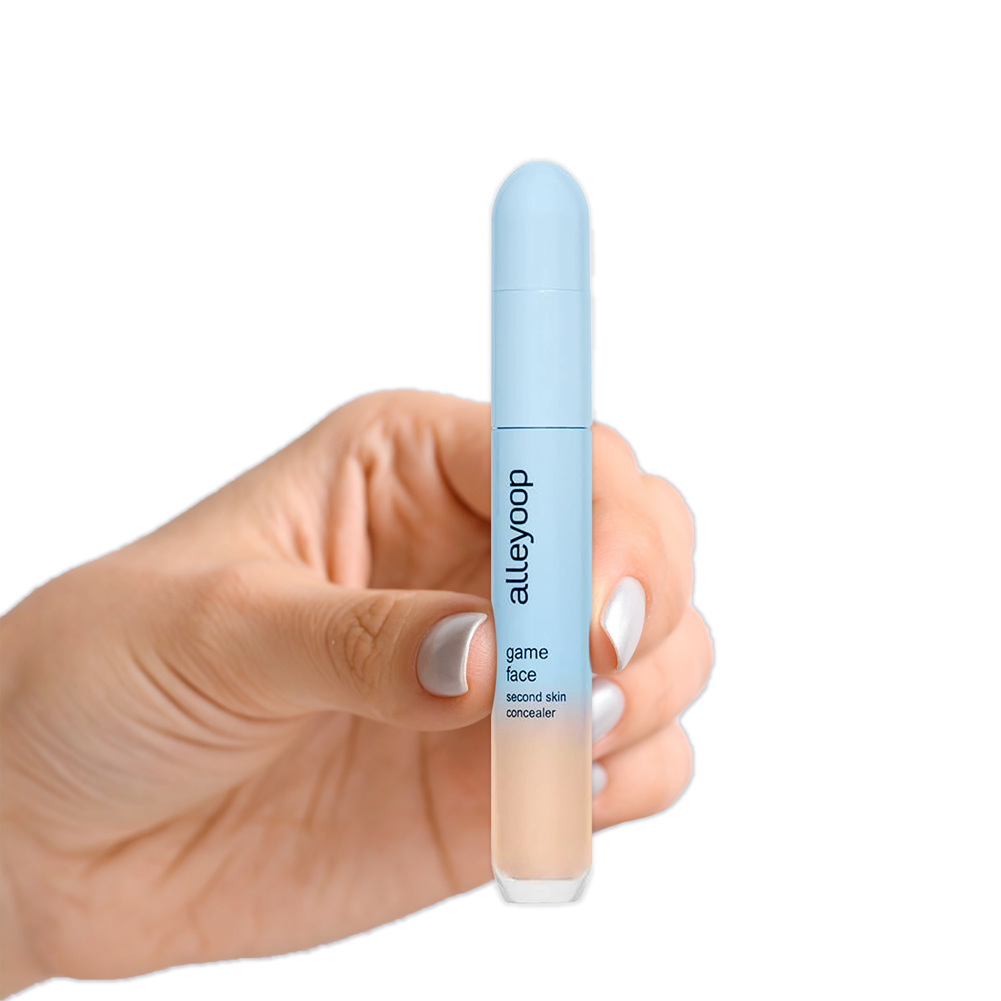 Innovate the Label Alleyoop Game Face Concealer held in hand with light blue cap and clear bottom