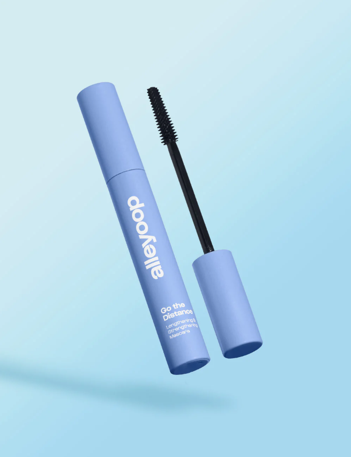 Alleyoop Go the Distance Lengthening Tubing Mascara in blue packaging with a small brush applicator