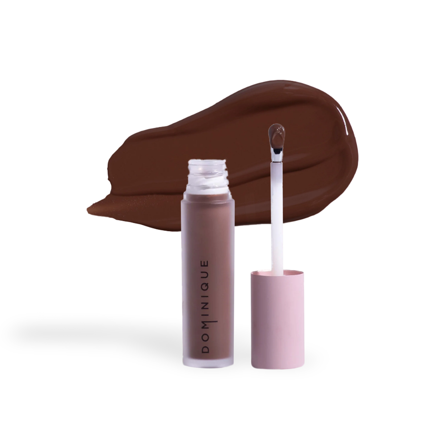 Dominique Cosmetics concealer in deep brown shade with applicator wand and Innovate the Label branding