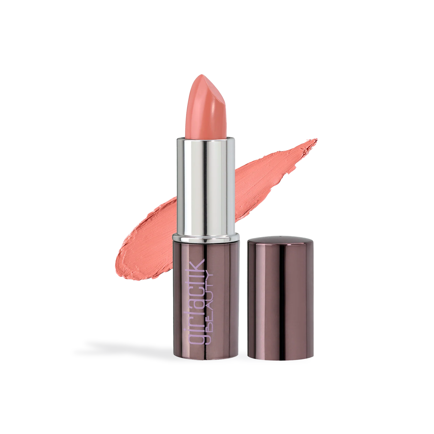 Girlactik Le Creme Lipstick in peach shade with metallic mauve casing and lipstick swatch behind