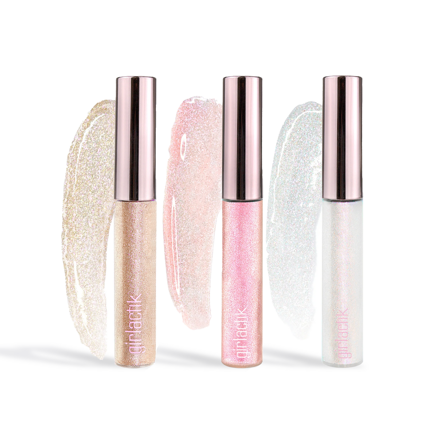 Girlactik Lip Pearls Glosser set featuring three sparkling lip glosses in various shades