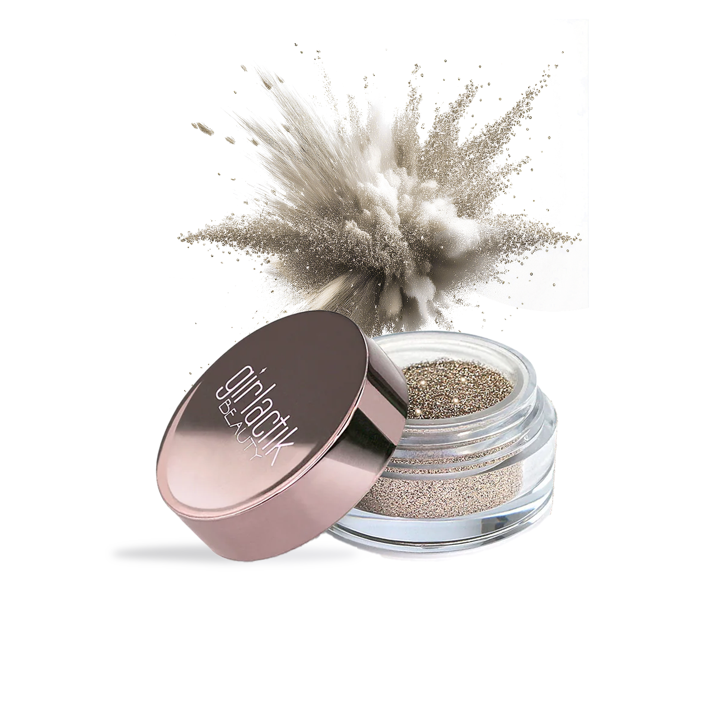 Girlactik Loose Sparkles in a clear jar with a metallic rose gold lid and sparkling glitter explosion