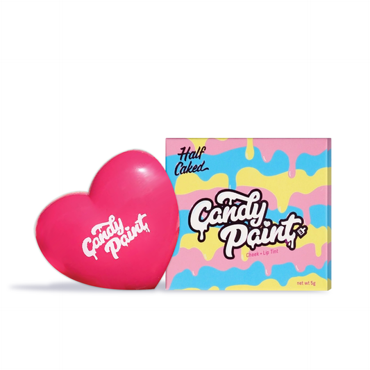 Innovate the Label Half Caked cheek and lip tint in heart-shaped pink container with colorful Candy Paint packaging