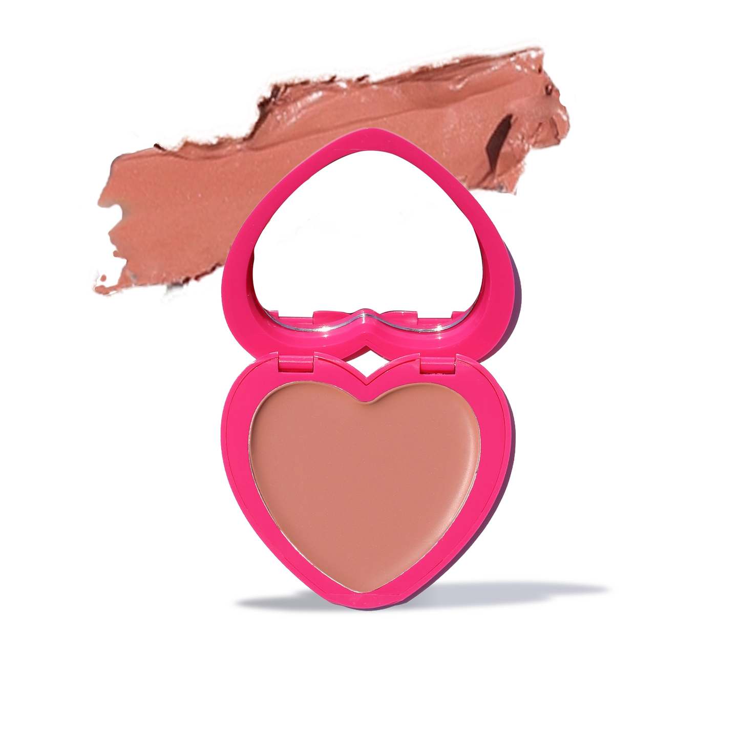 Half Caked cheek and lip tint blush in pink heart-shaped compact with swatch above
