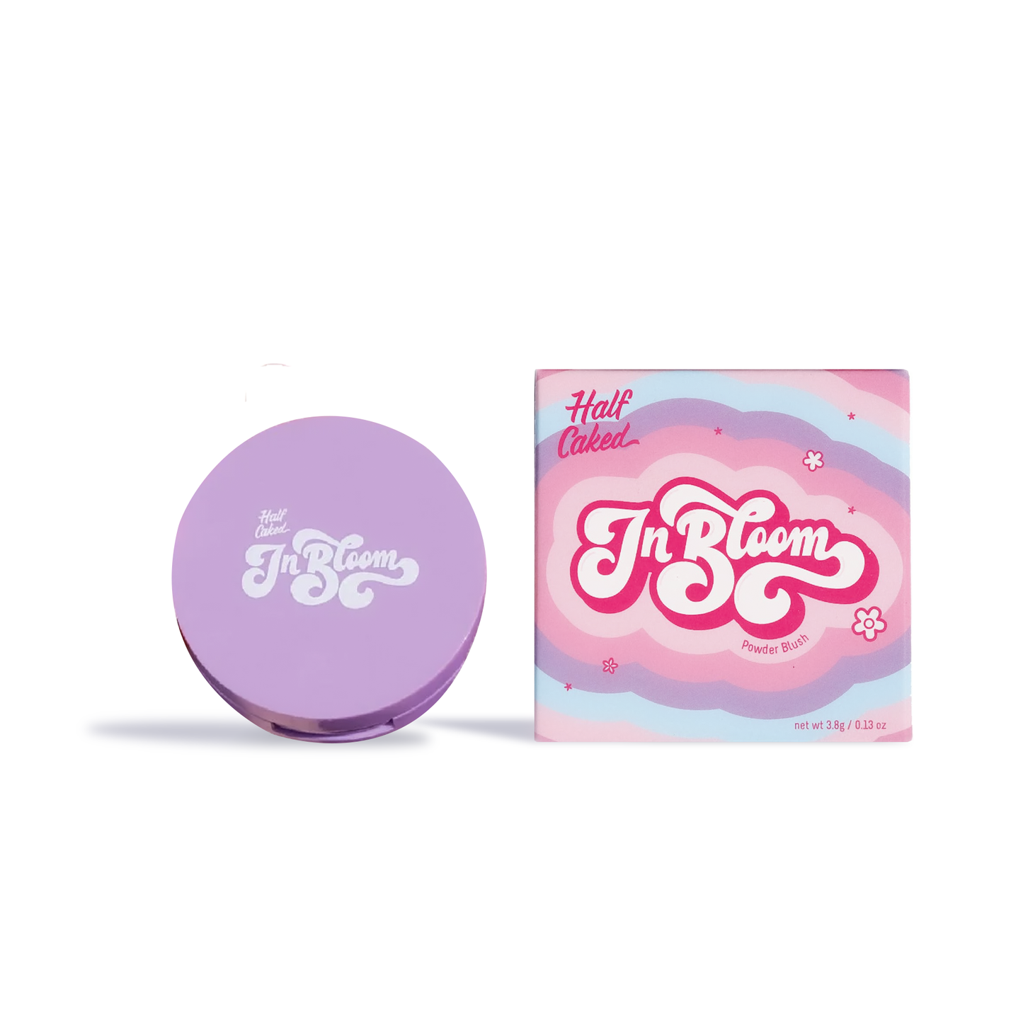 Half Caked In Bloom blush powder compact with purple lid and colorful pink blue packaging by Innovate the Label