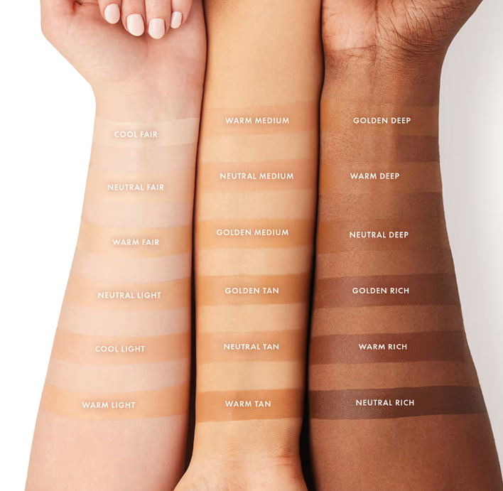 Iconic London skin tint samples swatched on three arms showing varying shades from light to deep by Innovate the Label