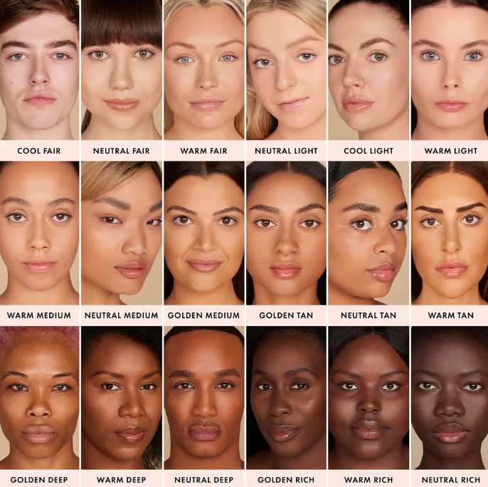 Iconic London skin tint samples showing diverse shades from cool fair to neutral rich on various models