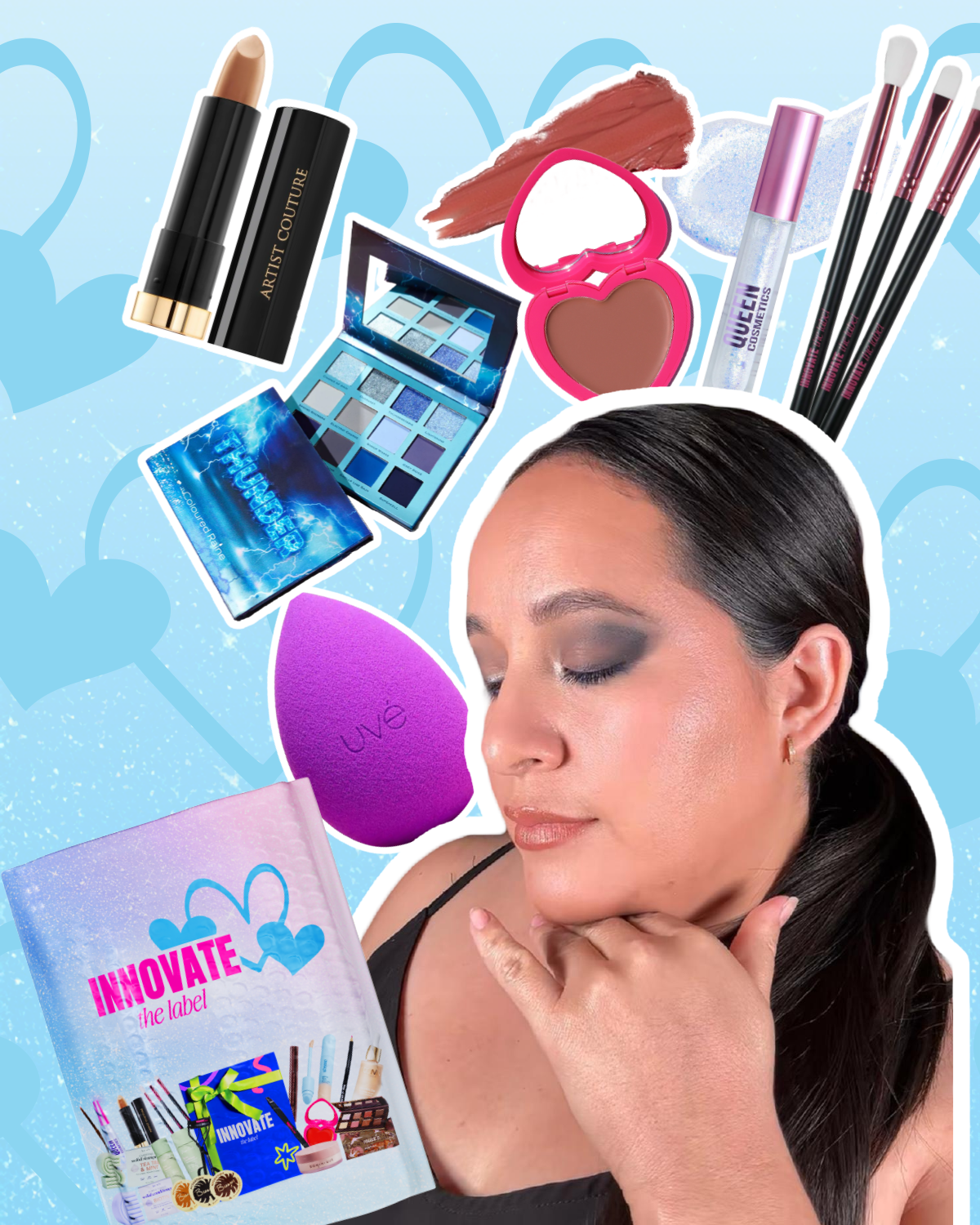 Fast Bundle 6-piece makeup set featuring lip gloss, eyeshadow palette, brushes, lipstick, blush, and beauty sponge