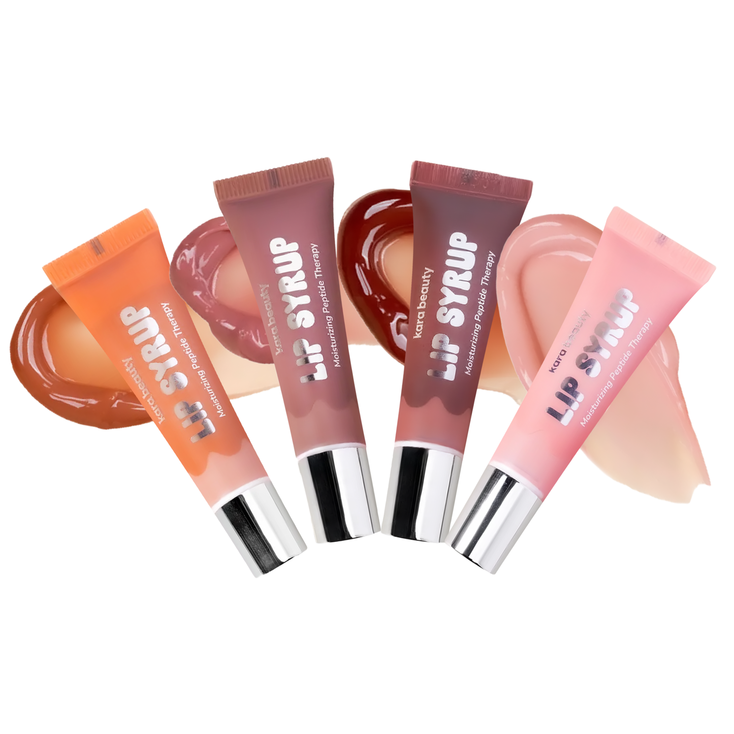 Innovate the Label moisturizing peptide lip gloss tubes in five shades with creamy swatches behind