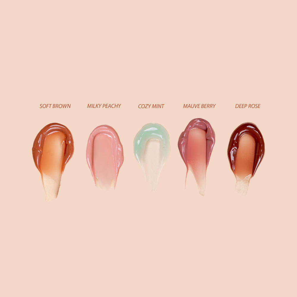 Moisturizing peptide lip gloss swatches by Innovate the Label in soft brown milky peachy cozy mint mauve berry and deep rose