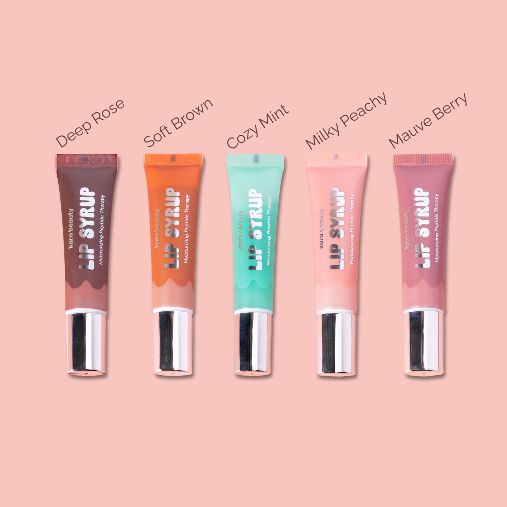Innovate the Label moisturizing peptide lip gloss set in Deep Rose Soft Brown Cozy Mint Milky Peachy and Mauve Berry shades