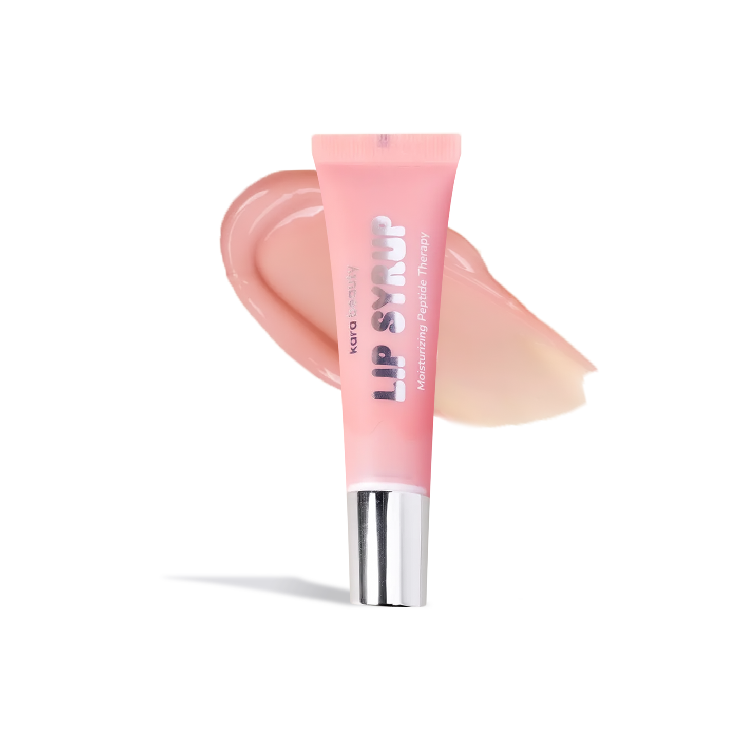 Innovate the Label moisturizing peptide lip gloss in pink tube with glossy nude swatch behind