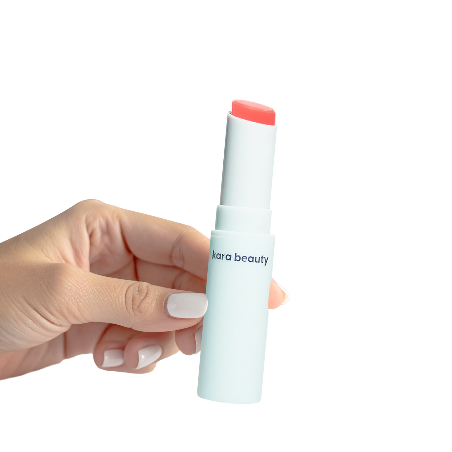 Kara Beauty strawberry gloss stick in pale blue tube held by hand showing coral pink balm