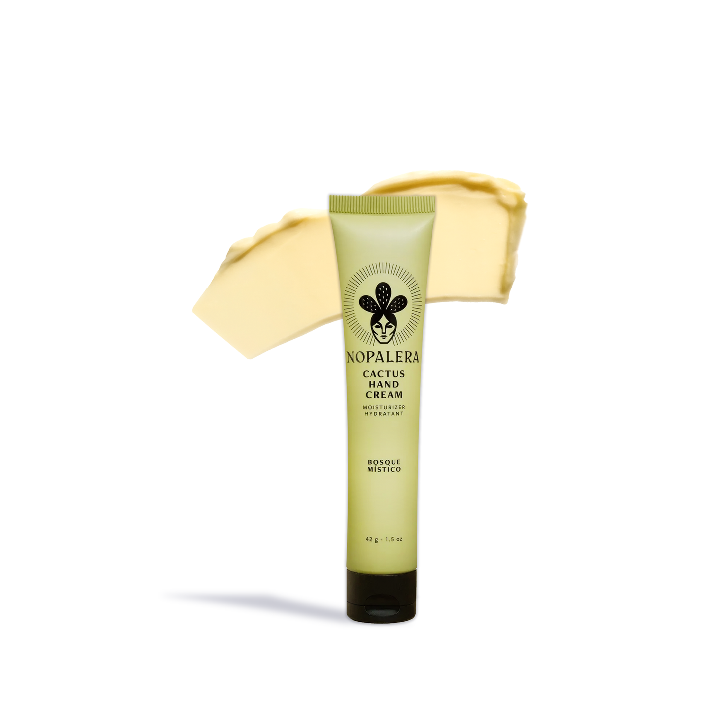 Nopalera hand cream tube with cactus extract by Innovate the Label and cream swatches on white background