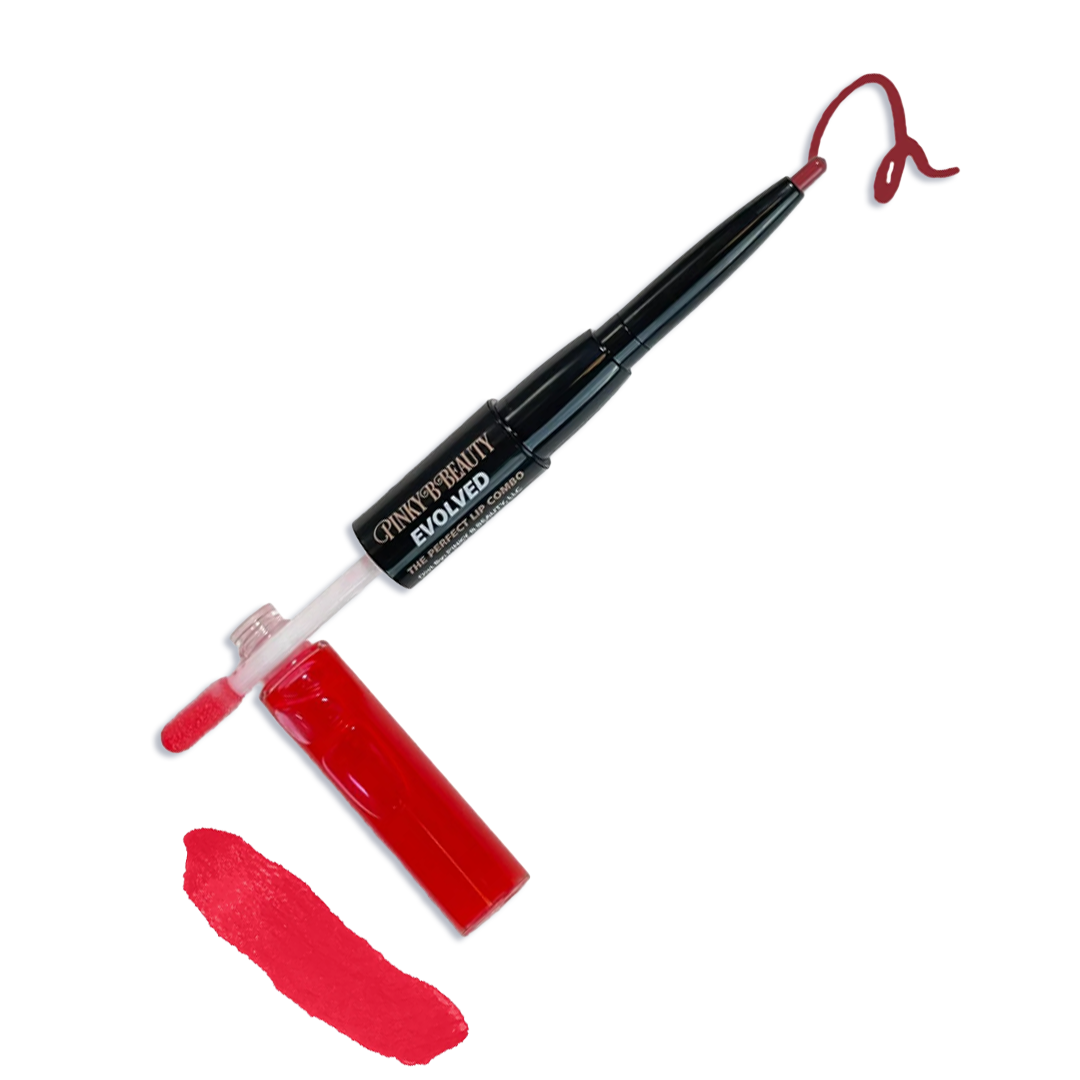 Pinky B Beauty Lip Duo red lip gloss and liquid lipstick with applicator and color swatches