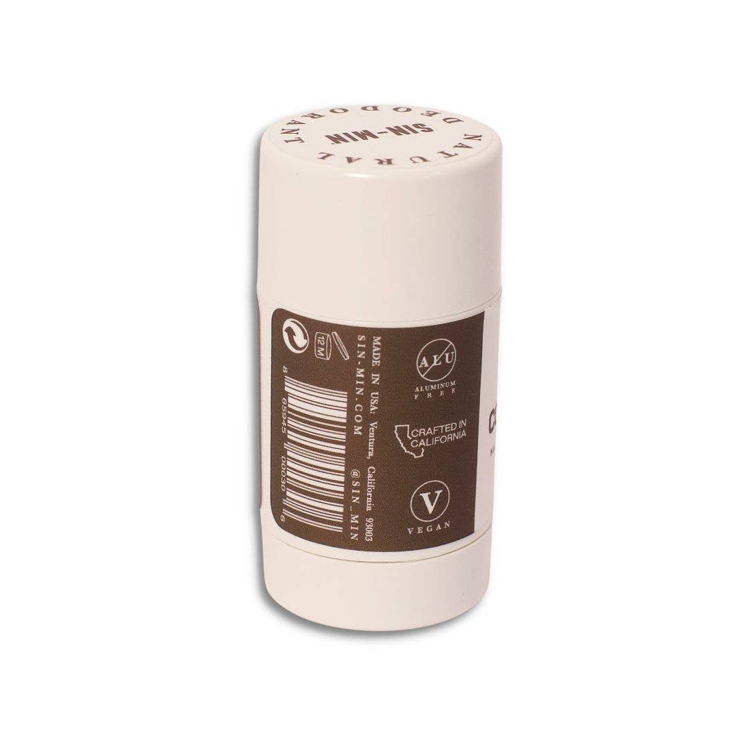 SIN-MIN natural deodorant travel size stick with vegan and aluminum-free formula in white packaging