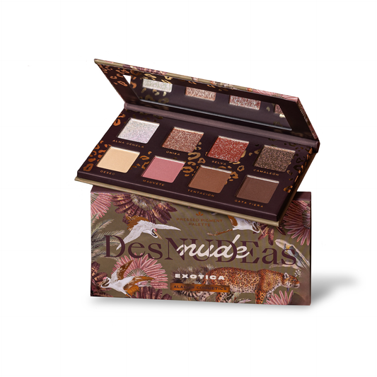 Alamar DesNudeAs Exotica palette featuring vibrant shades and shimmering finishes for versatile eye makeup looks