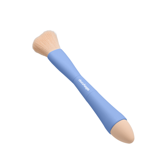 Innovate the Label 4-in-1 makeup brush with blue handle, dual-ended eyeshadow brush and sponge applicator