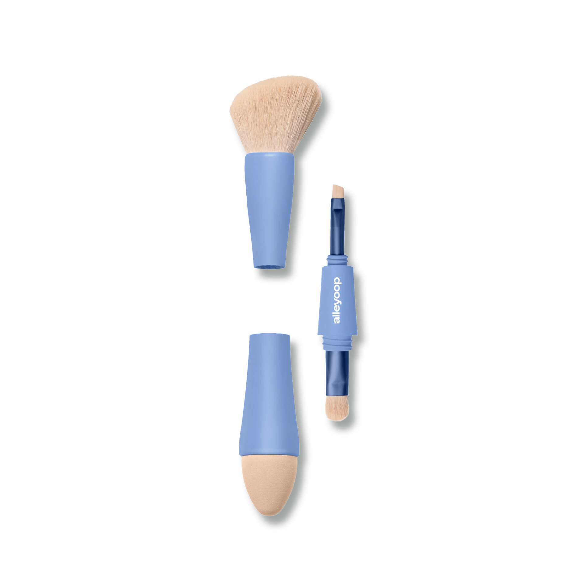 Innovate the Label 4-in-1 makeup brush set with blue handles and multiple brush heads for eyeshadow application
