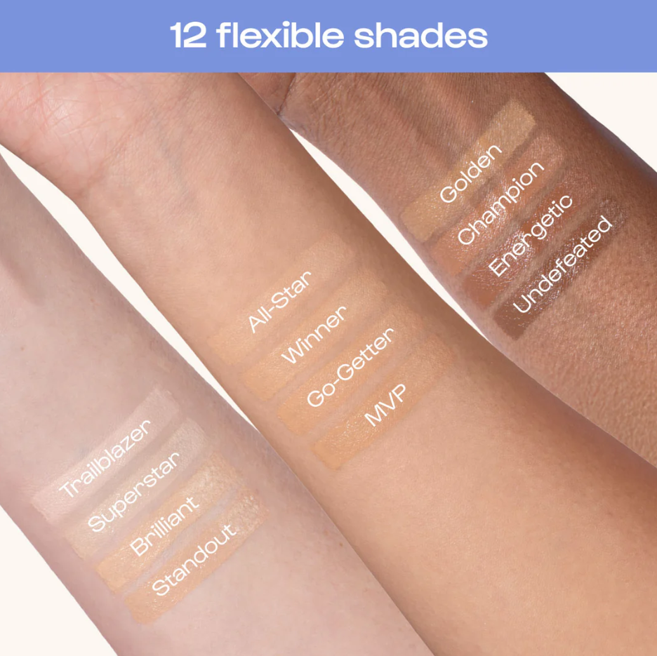 Alleyoop Game Face Concealer swatches showing 12 flexible shades on different skin tones