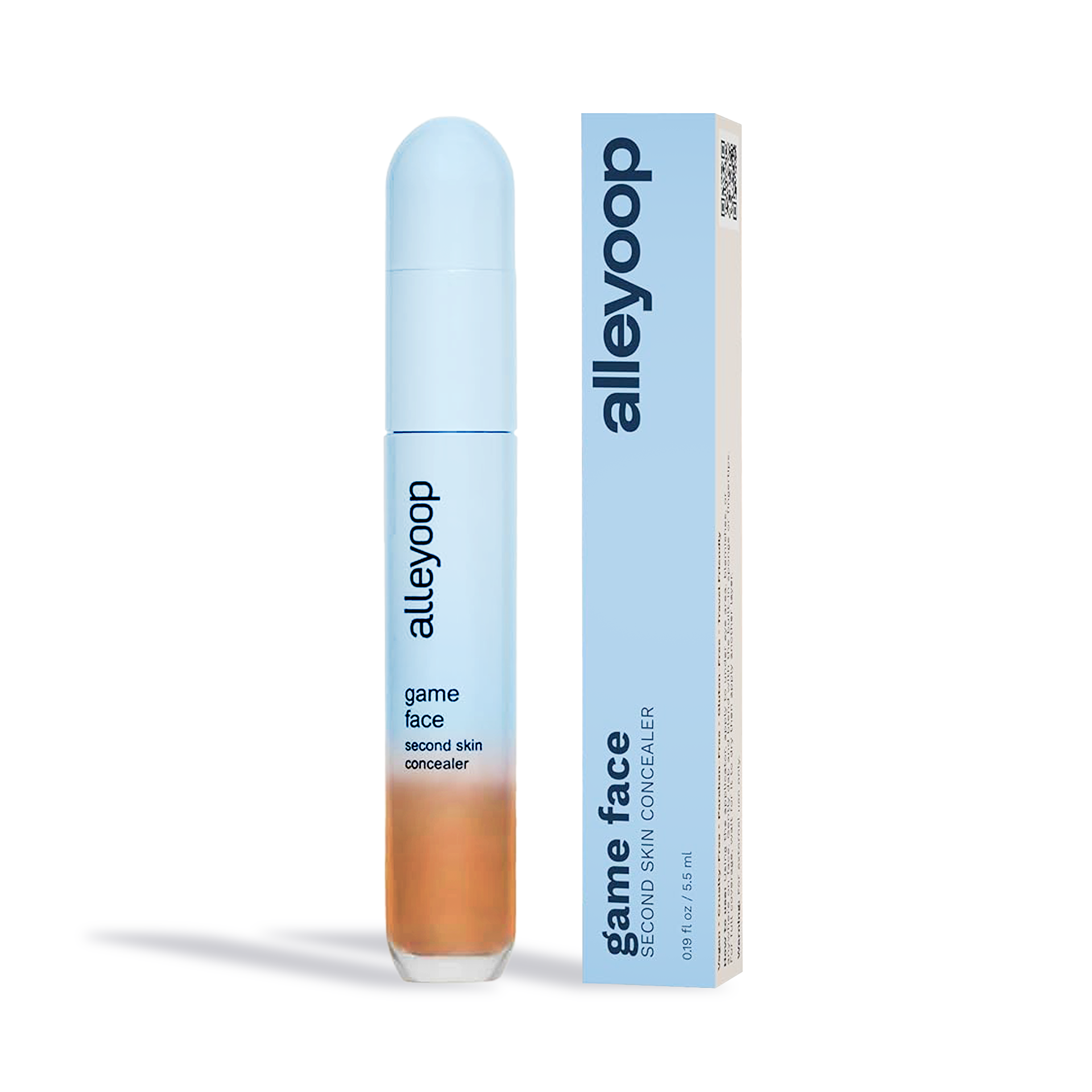 Alleyoop Game Face Concealer by Innovate the Label in light blue packaging with clear bottom showing concealer shade