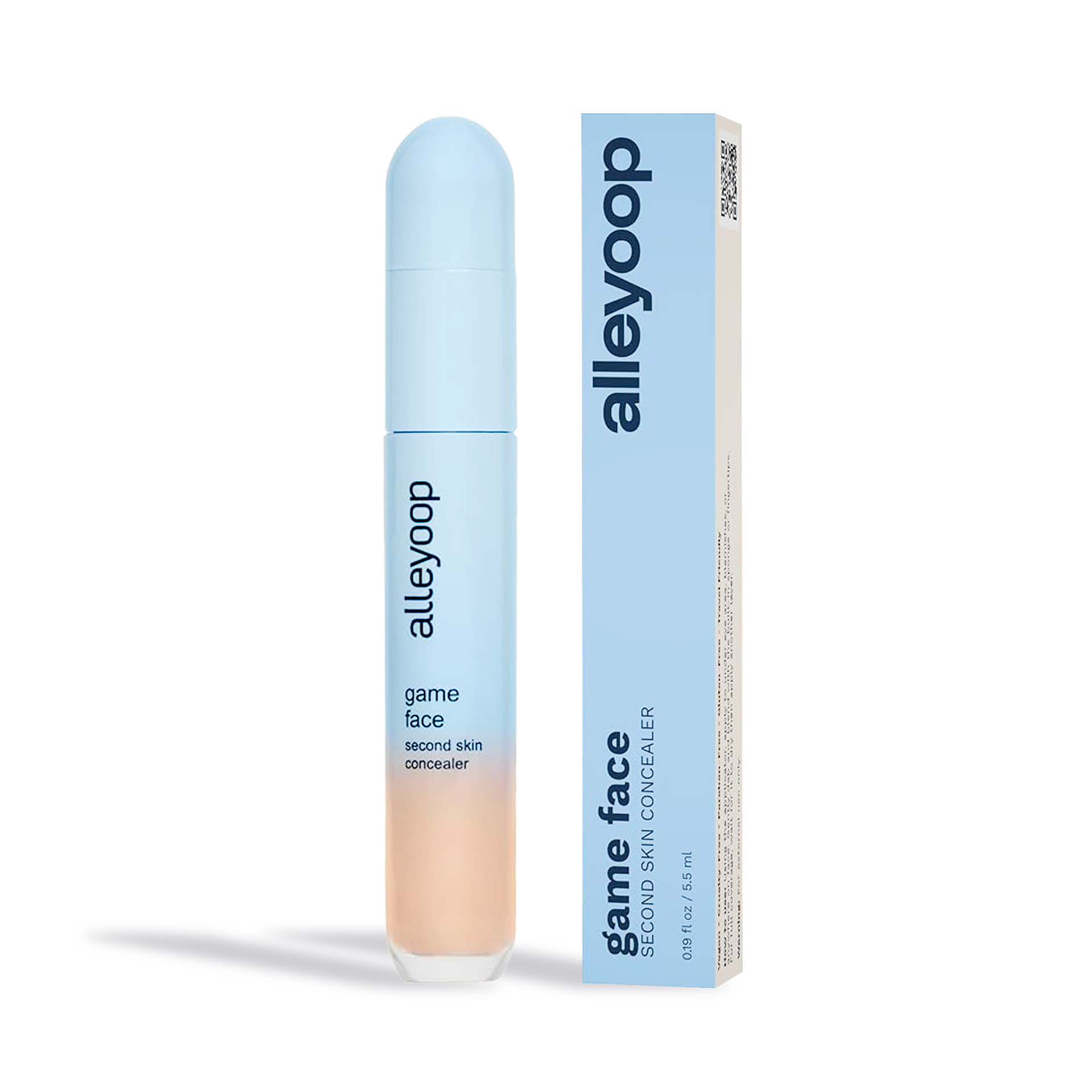 Alleyoop Game Face Concealer by Innovate the Label in light blue packaging with clear bottom showing product shade