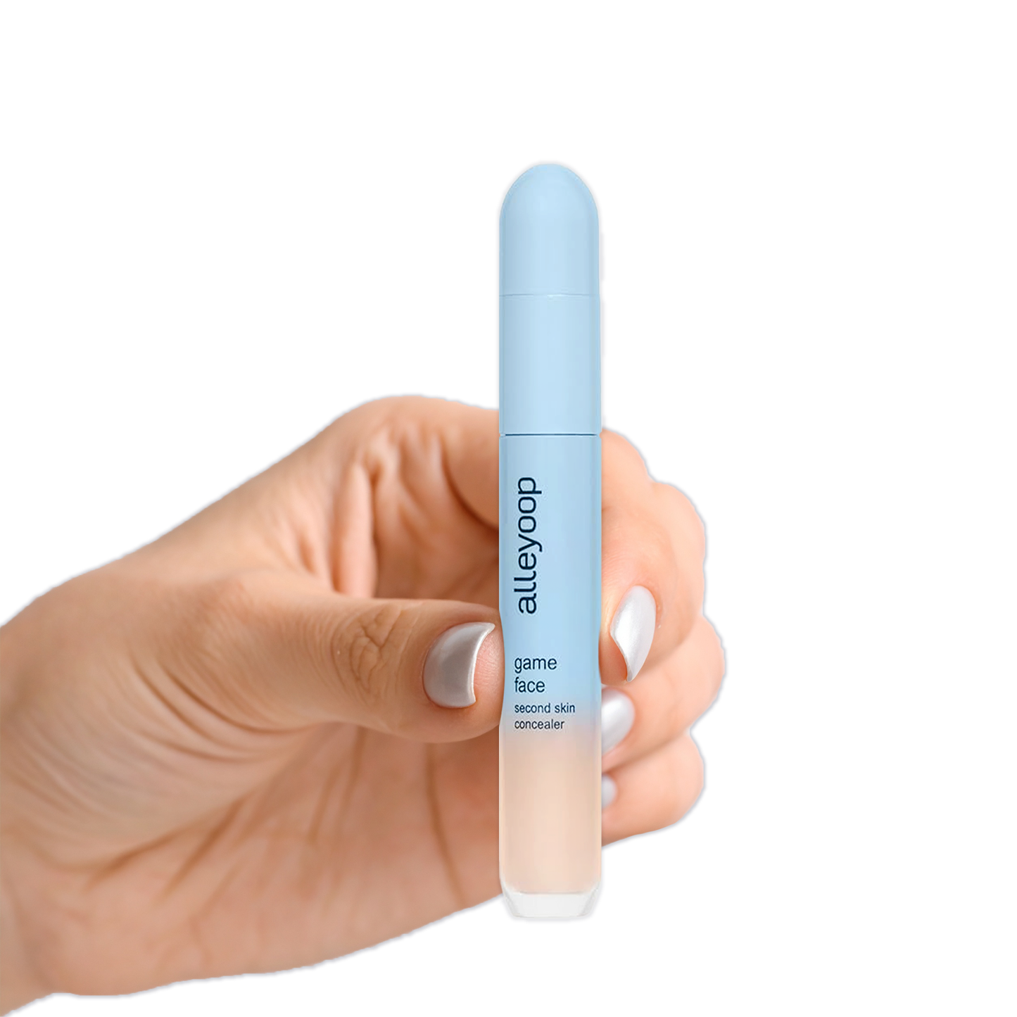 Alleyoop Game Face Concealer held in hand with light blue cap for flawless skin coverage