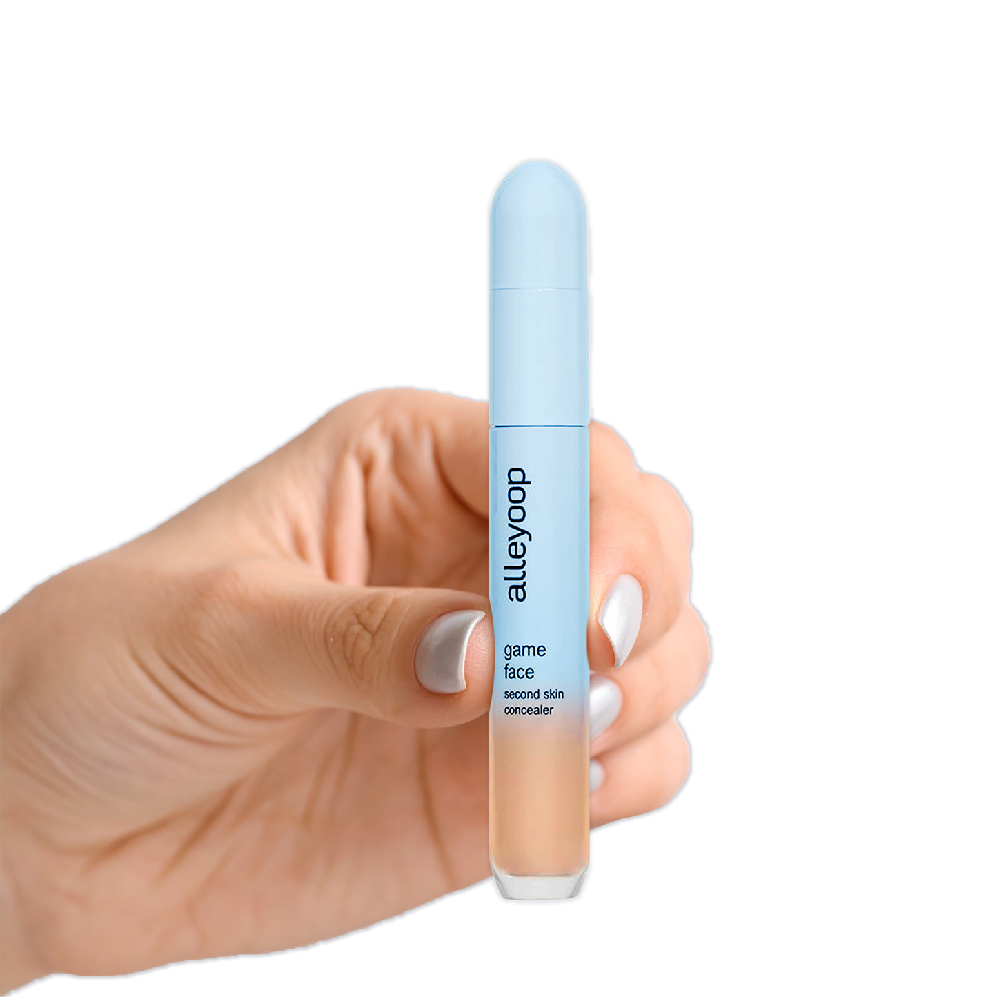 Hand holding Alleyoop Game Face Concealer by Innovate the Label in light blue packaging