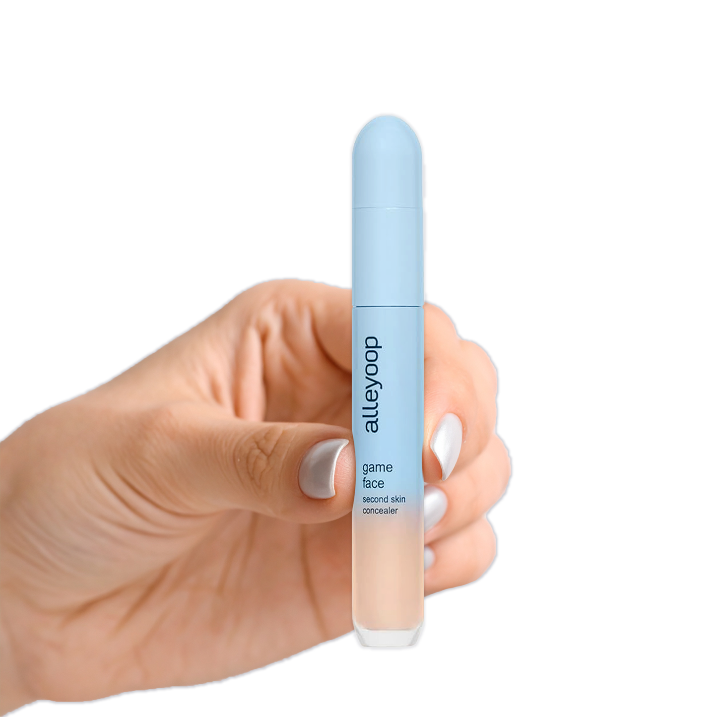 Hand holding Alleyoop Game Face Concealer by Innovate the Label in light blue sleek packaging