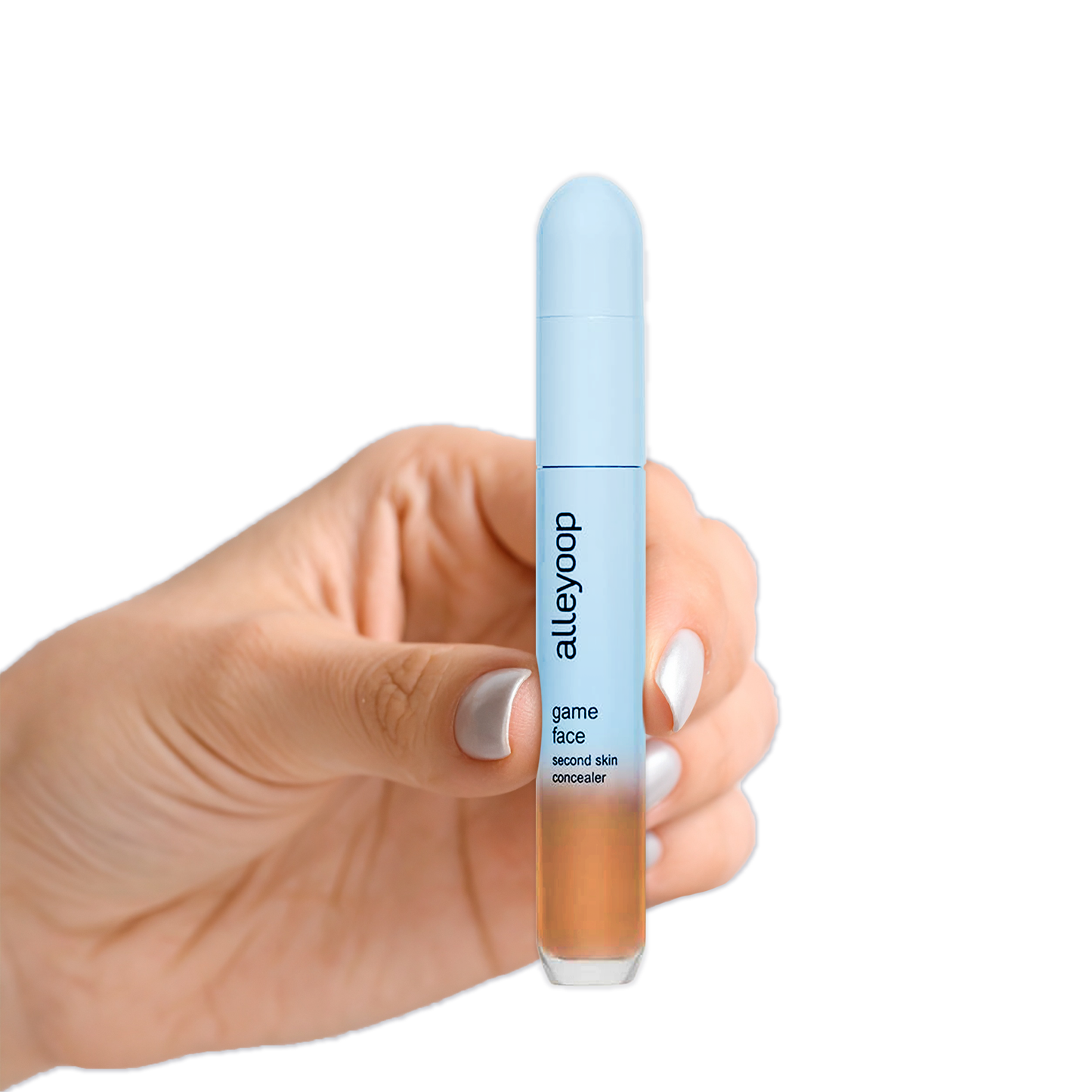 Hand holding Alleyoop Game Face Concealer by Innovate the Label with light blue cap and clear base