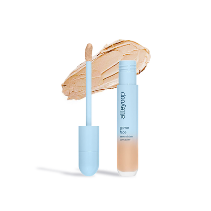 Alleyoop Game Face Concealer by Innovate the Label with applicator and beige concealer swatch