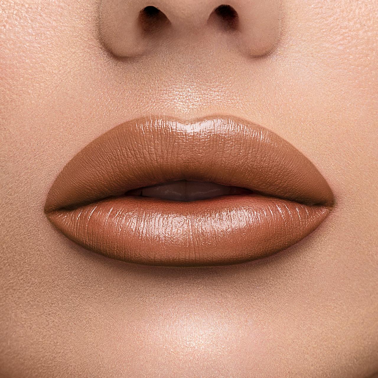Close-up of lips wearing brown shade Artist Couture Silk Cream Lipstick with a smooth creamy finish