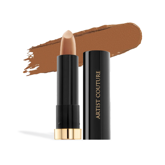 Artist Couture Silk Cream Lipstick in nude shade with black and gold sleek packaging and color swatch
