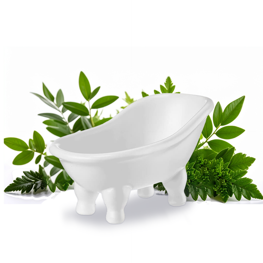 Innovate the Label white clawfoot bathtub soap dish with greenery backdrop bathtub soap dish for beauty bars