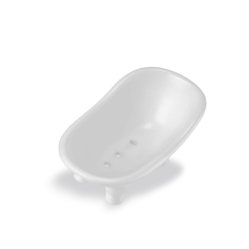 Innovate the Label white clawfoot soap dish with drainage holes and feet on a ledge bathtub soap dish for beauty bars