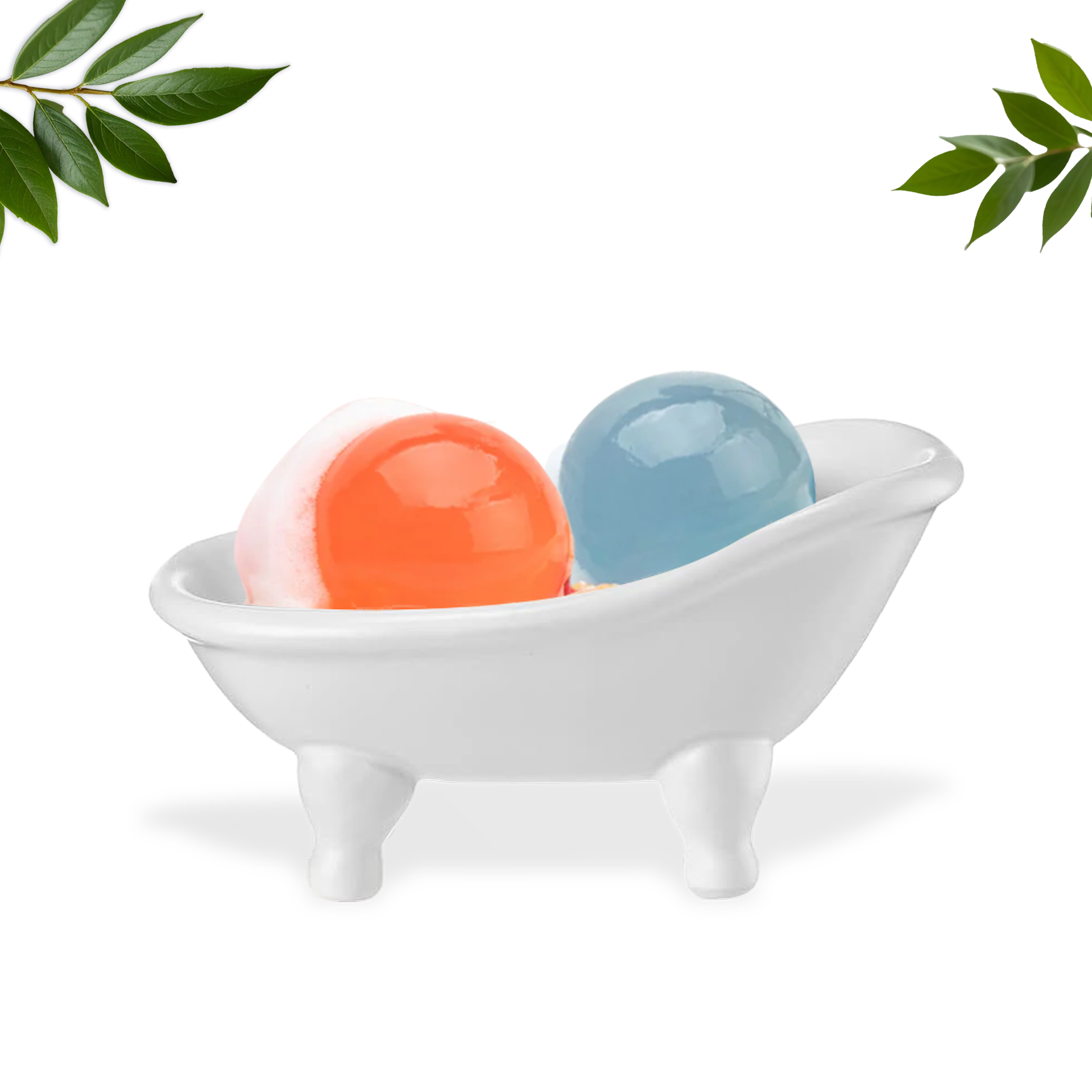 Innovate the Label white miniature bathtub soap dish for beauty bars holding two round orange and blue soap balls