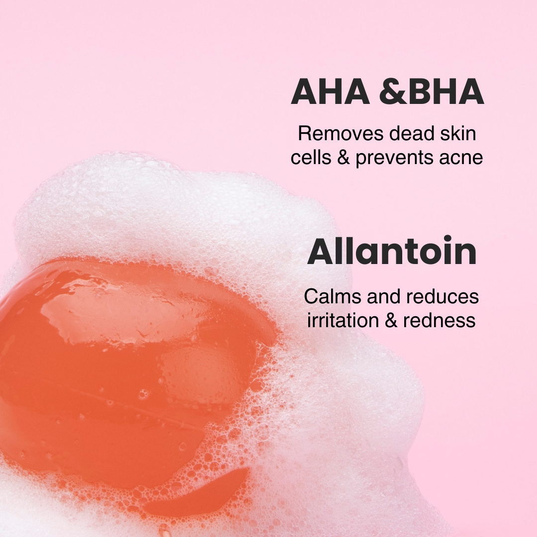 Naisture aqua jelly ball cleanser orange jelly in foam on pink background highlighting AHA and BHA exfoliation benefits