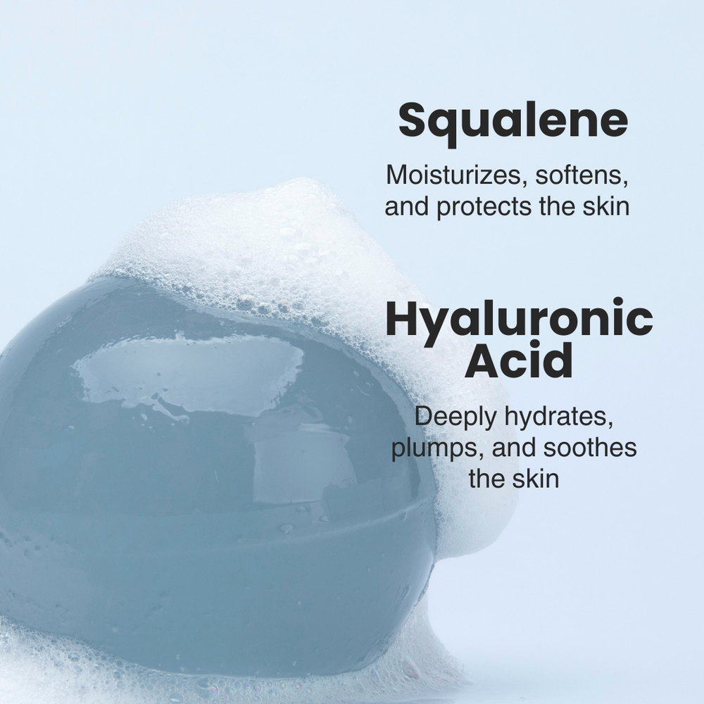 Naisture aqua jelly ball cleanser shown as a blue jelly sphere with foam and ingredient callouts Squalene and Hyaluronic Acid