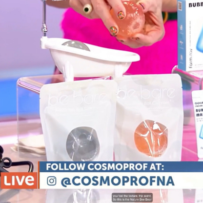 Naisture aqua jelly ball cleanser demo showing orange and gray jelly balls in resealable pouches and a small cleansing bowl