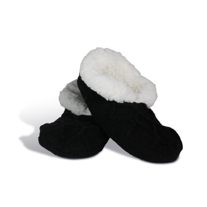Black cozy booties for women with soft white fleece lining for warmth and comfort