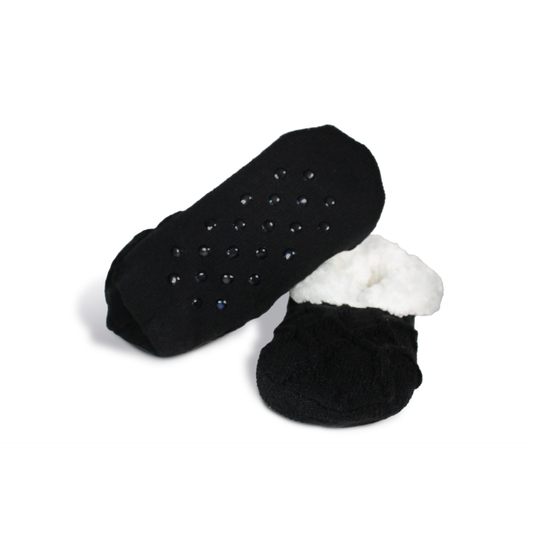 Innovate the Label black cozy booties for women with soft white fleece lining and non-slip soles