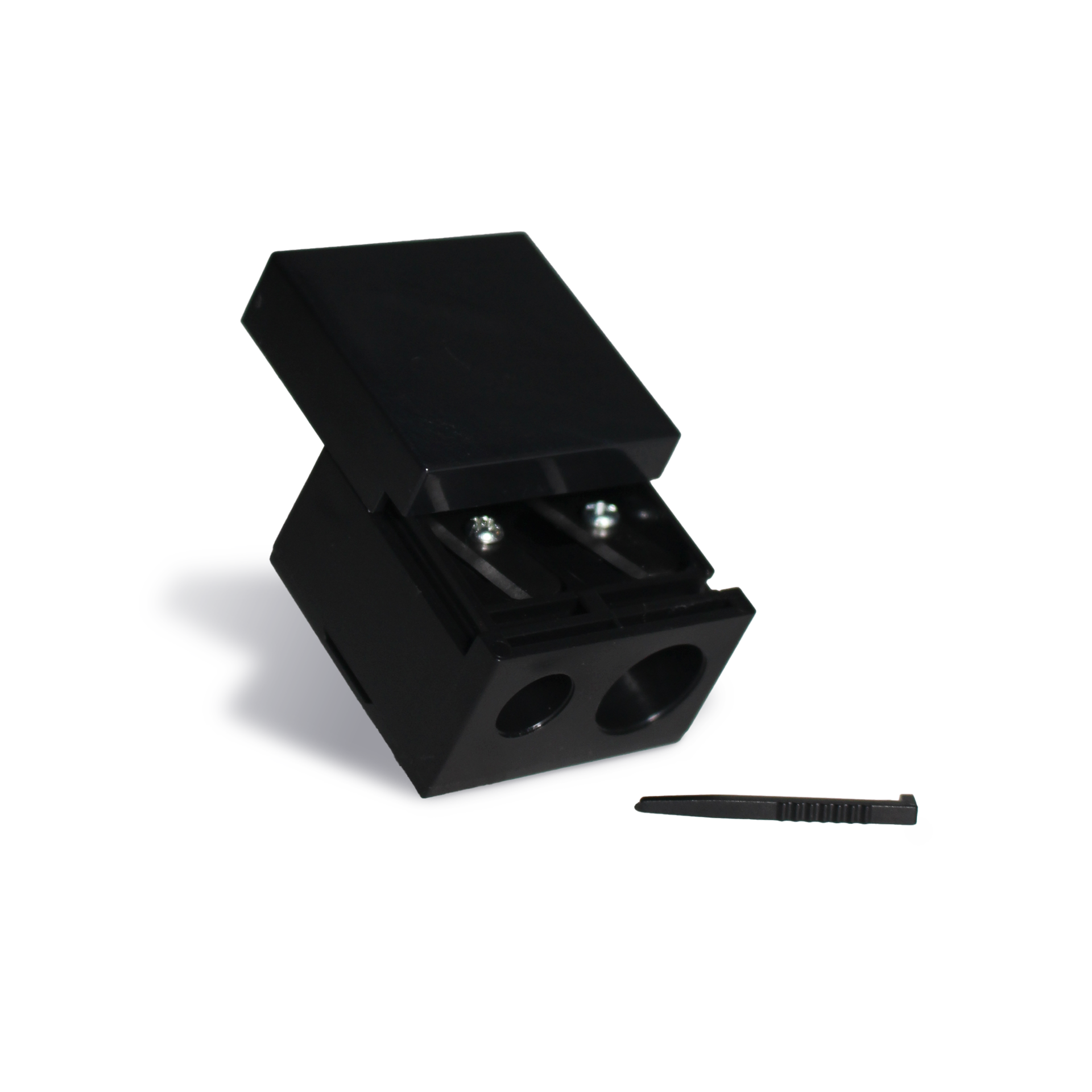 Innovate the Label dual makeup pencil sharpener in black with two sharpening holes and cleaning tool