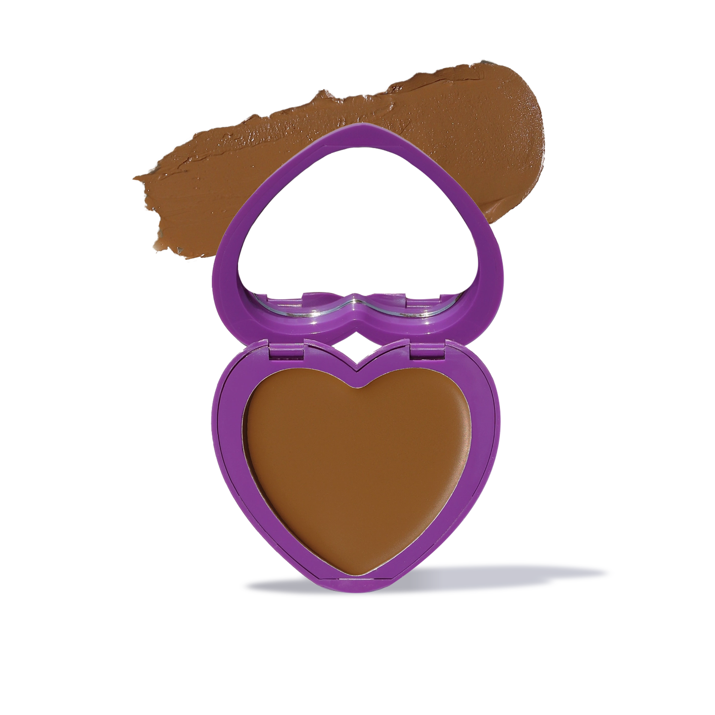 Cream bronzer for face in heart-shaped purple compact with smooth brown shade swatch