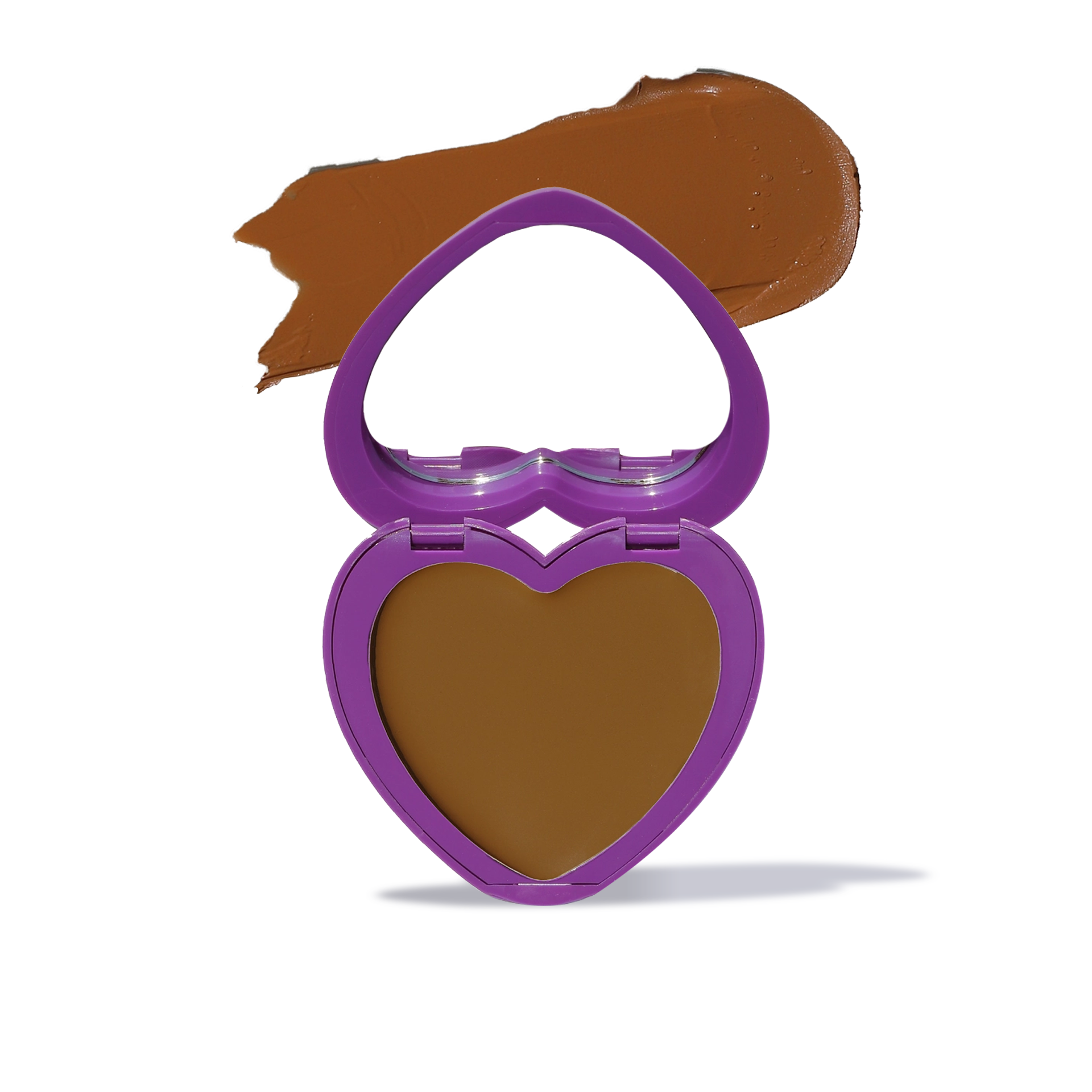 Cream bronzer for face in heart-shaped purple compact with swatch of warm brown shade
