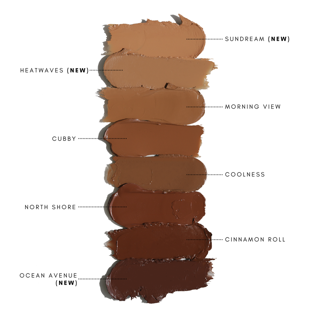 Innovate the Label cream bronzer for face shade swatches from light to dark including Sundream, Heatwaves, Morning View, Cubby and more