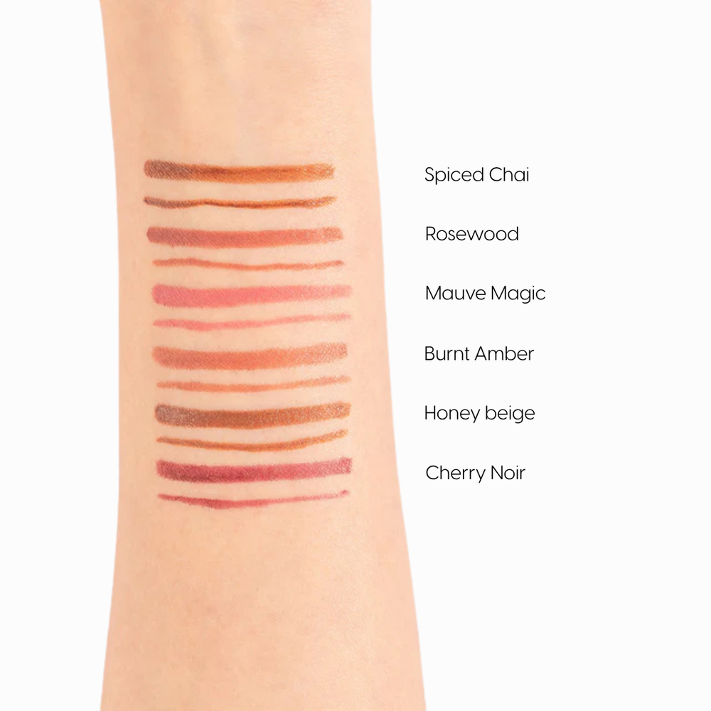 Kara Beauty cherry noir lip liner swatch on arm among other lip liner shades like spiced chai and rosewood