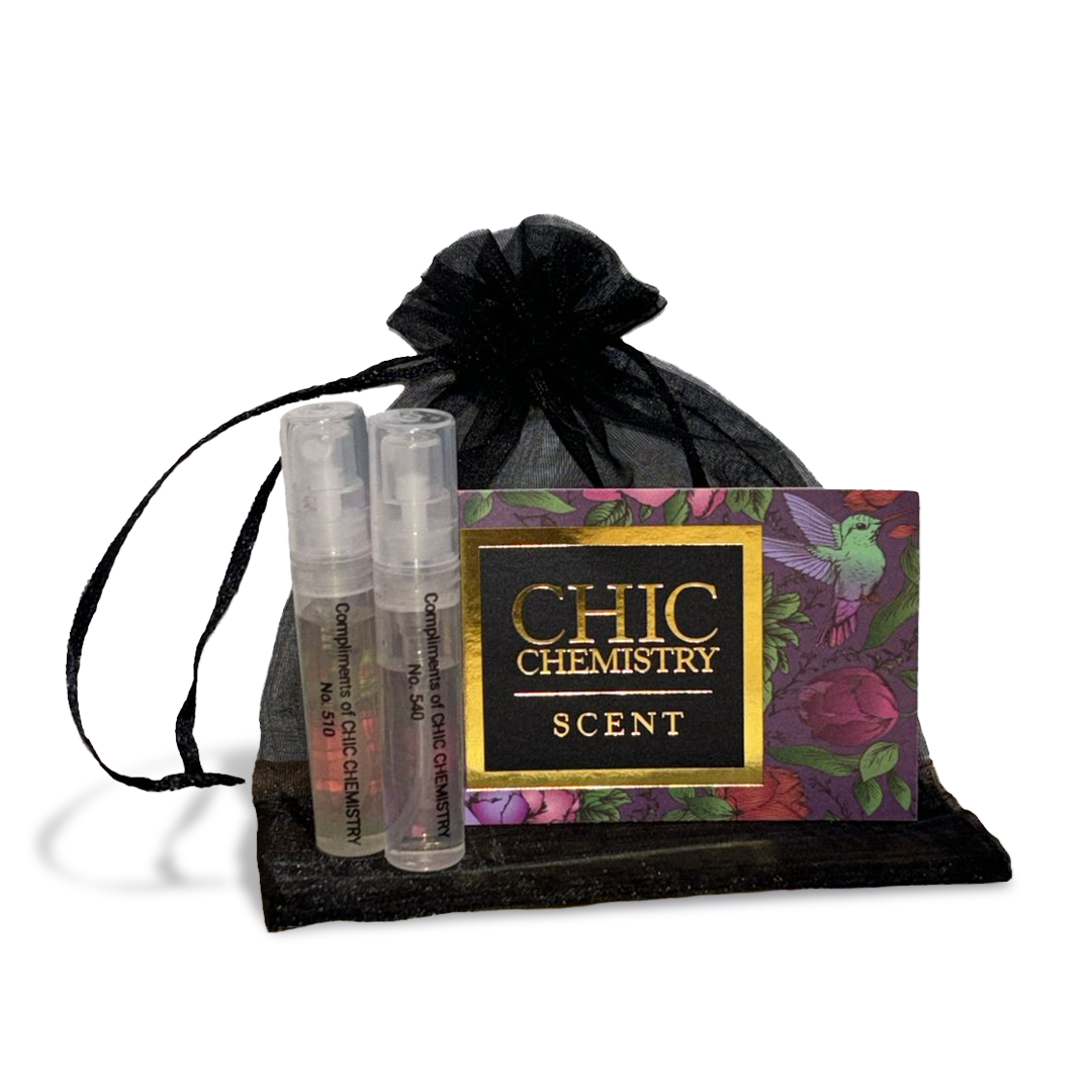 Chic Chemistry Scent Samples in a Black Pouch with Affordable Scent Samples for Testing Different Fragrances