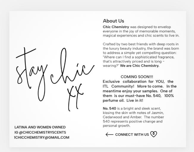 Chic Chemistry promotional card featuring affordable scent samples and details about their new fragrance