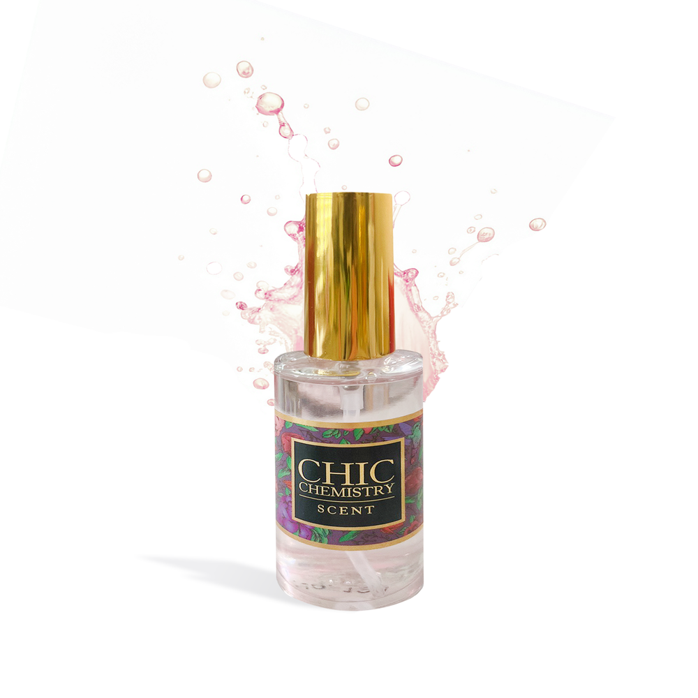 Chic Chemistry Eau de Parfum perfume oil bottle with gold cap and colorful label by Innovate the Label LLC
