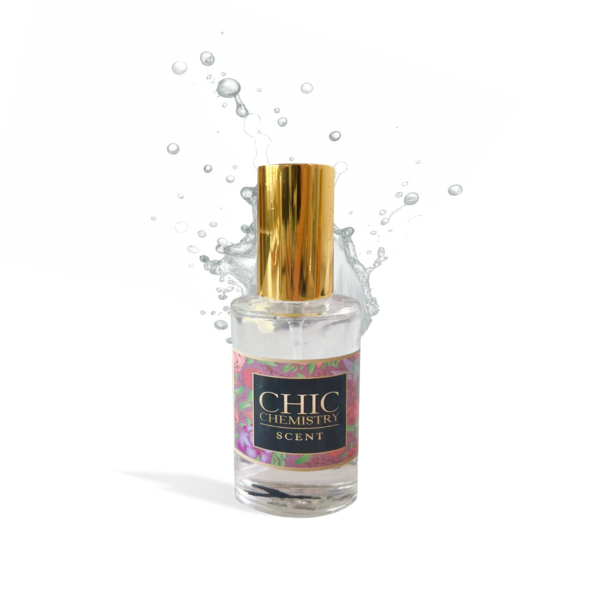 Chic Chemistry Eau de Parfum perfume oil bottle with gold cap and water splash background
